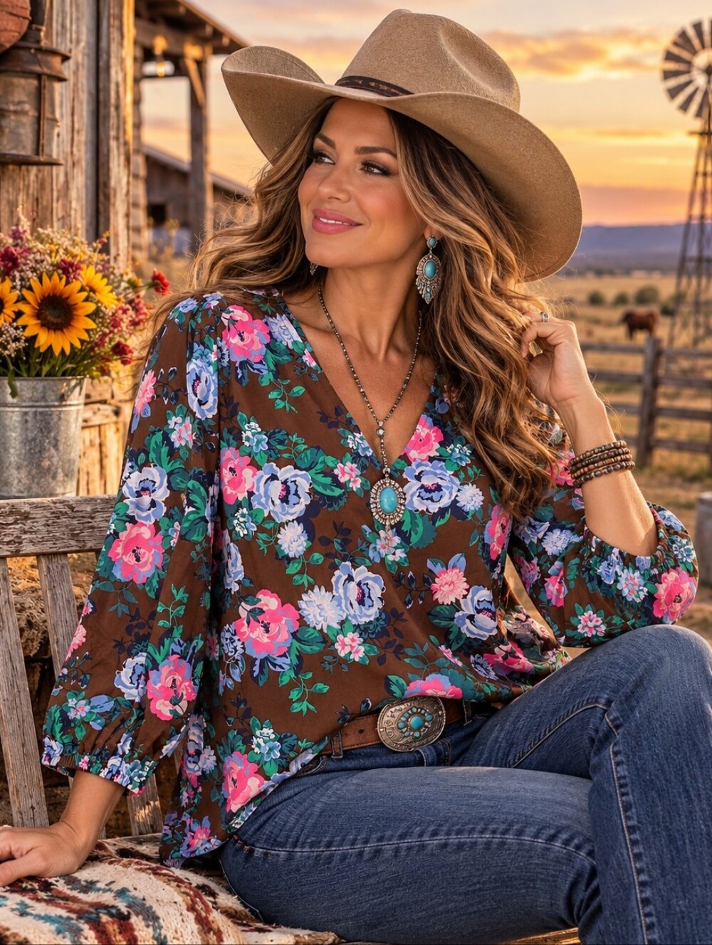 Crown & Ivy 1X Brown Floral V-Neck Boho Blouse NWT